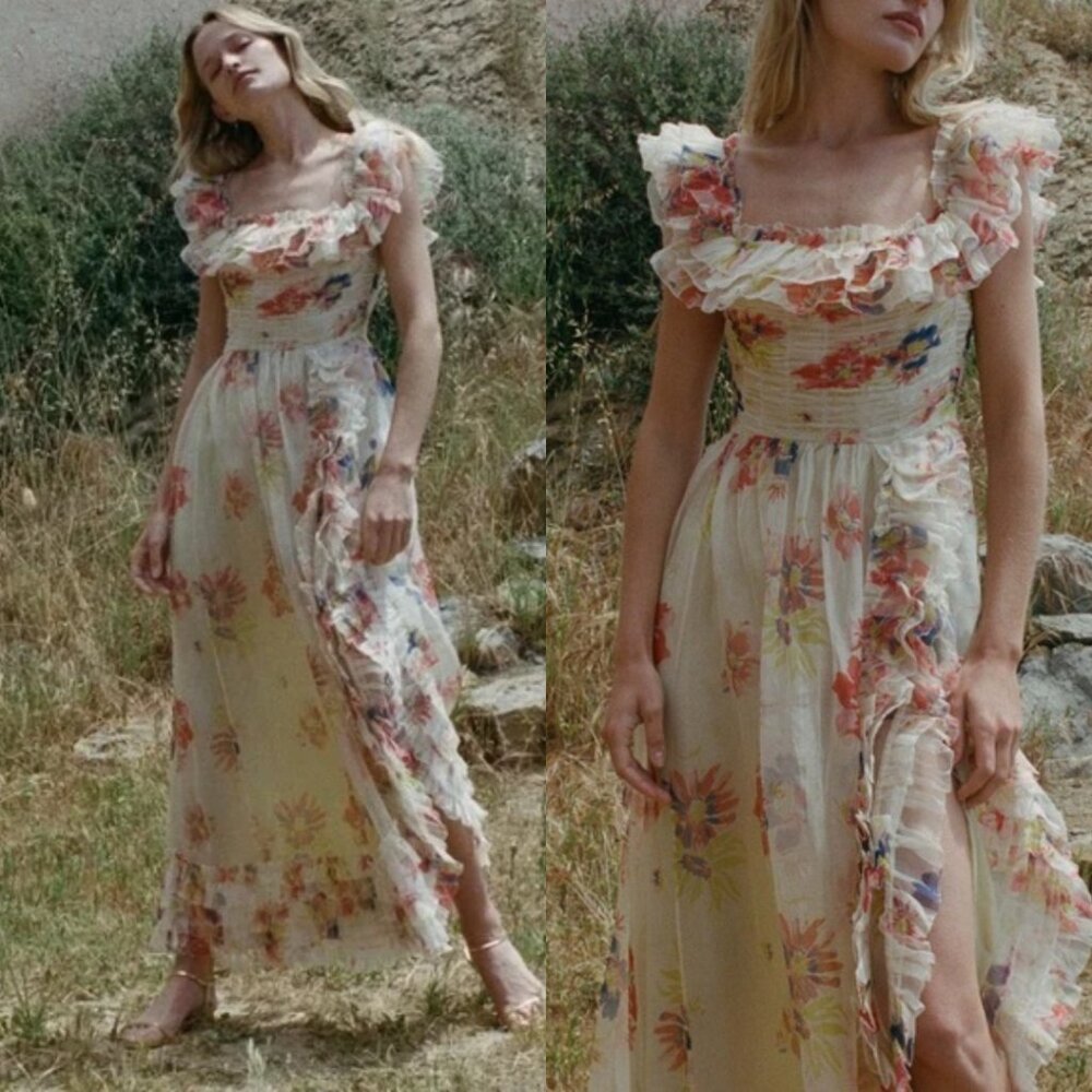 Doen Floral Midi Dress in Cream and Pink